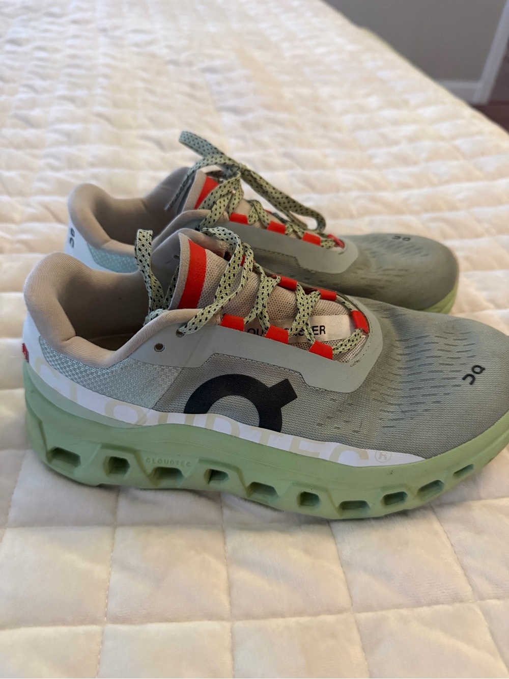 On Running Sneakers in Sage Green with Coral Accents size 6.5